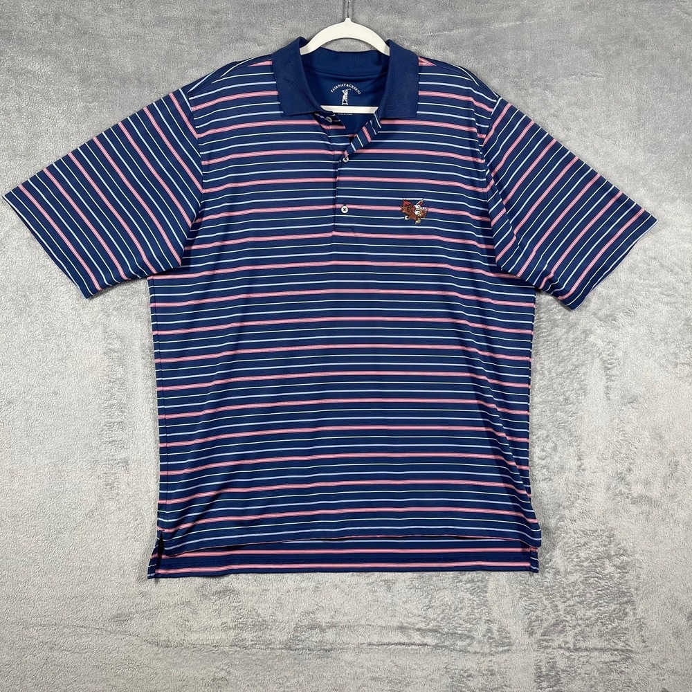 Fairway & Greene Polo Shirt Mens XL Blue Red Striped Tech Performance Eagle Logo